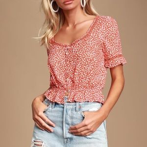 LuLus Novato Red Orange Print Button-Up Crop Top